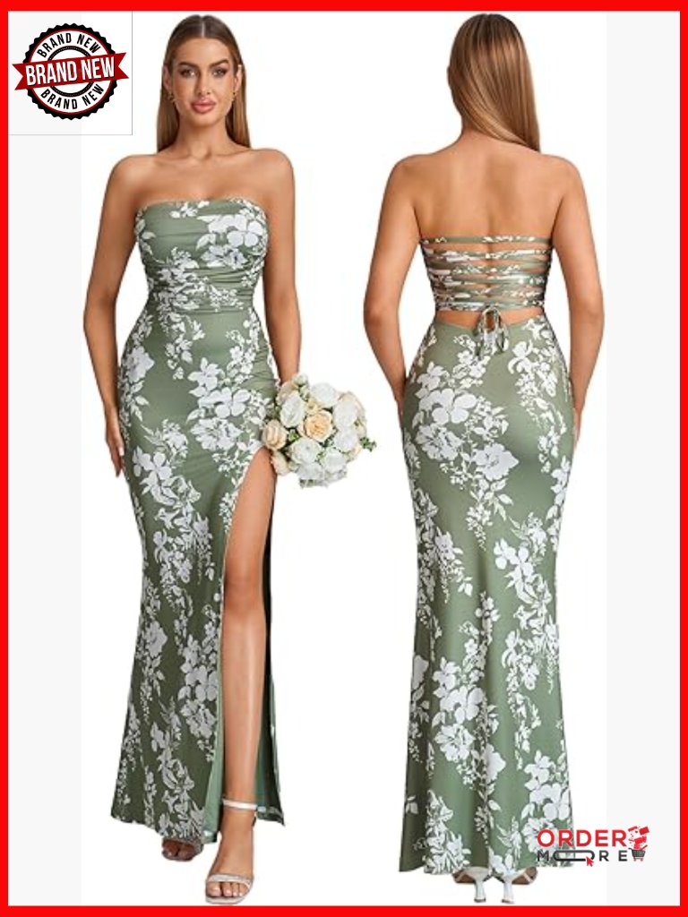 Strapless Bodycon Maxi Dress With Tie Back And Side Slit
